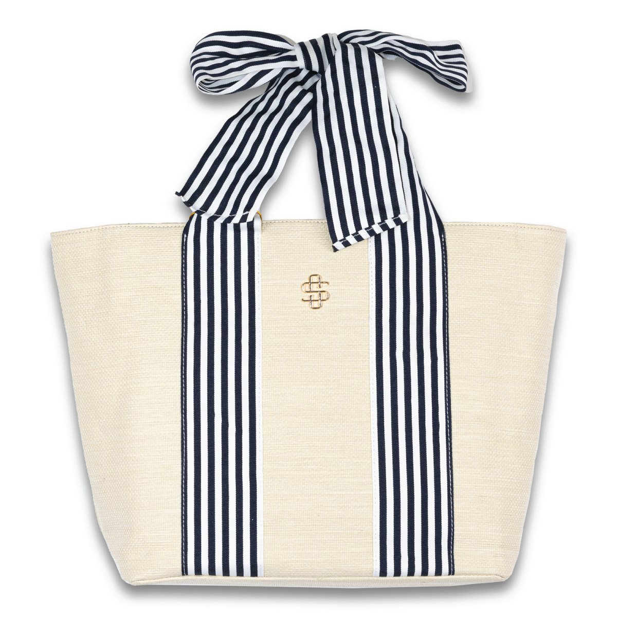 Simply Southern® cream tote with navy vertical stripes, gold emblem, bow top