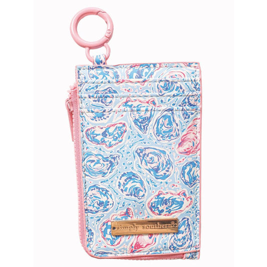 Simply Southern® ID coin wallet with key ring, oyster blue marbled print, pink trim