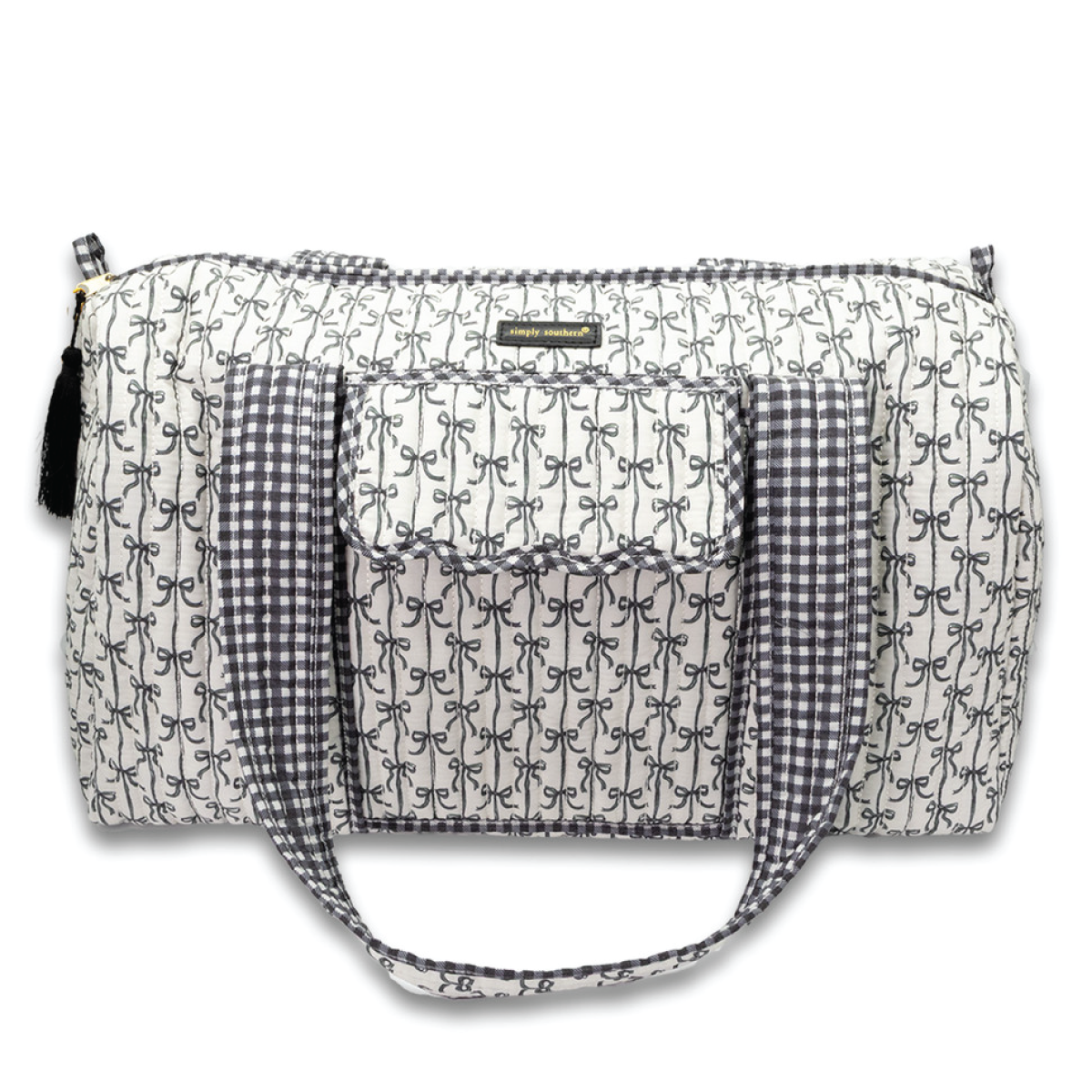 Quilted duffle bag in black-and-white script with gingham front pocket and handles