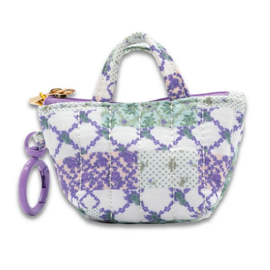 Mini tote coin purse keychain with patchwork floral print, lavender wrist strap and keyring