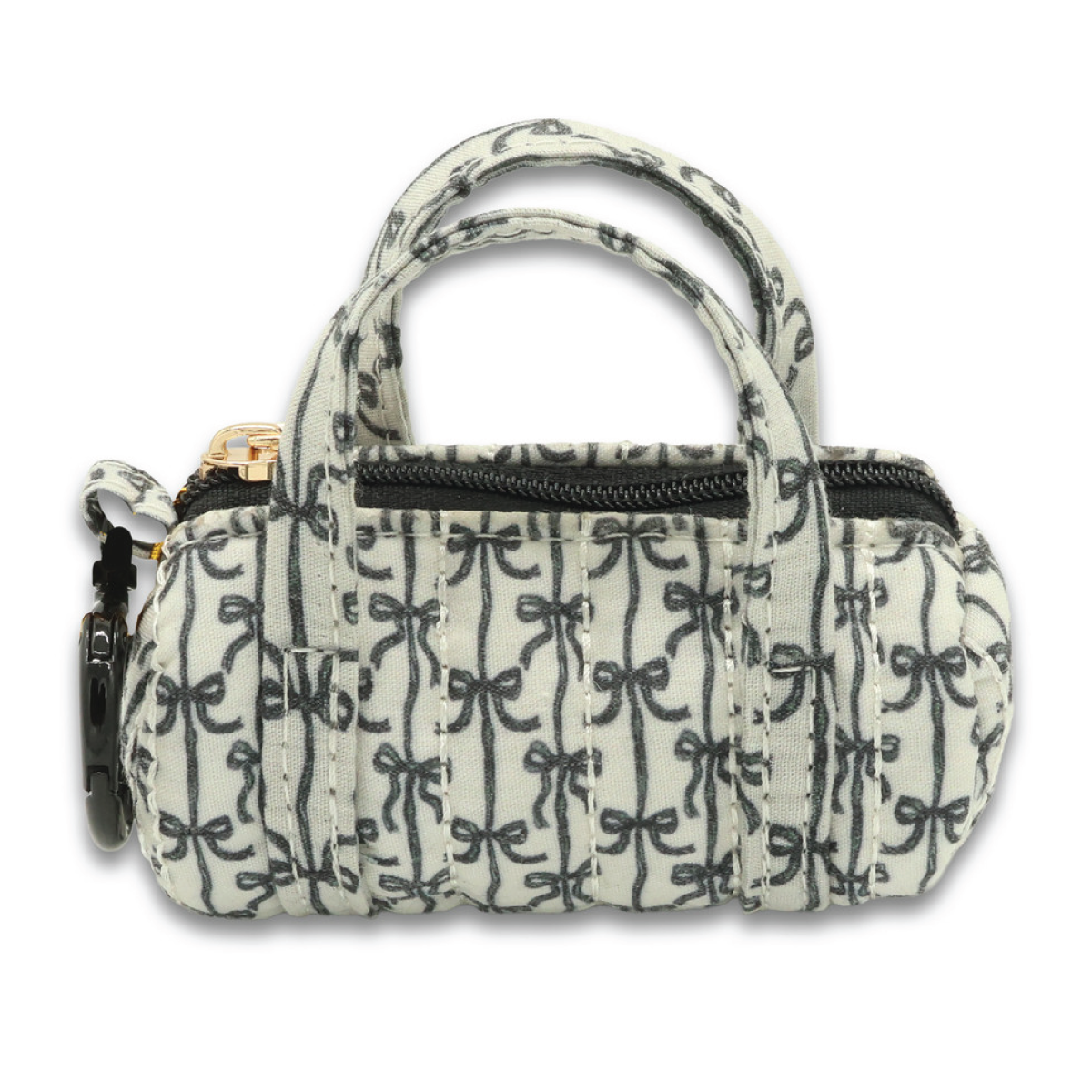 Mini duffle coin purse keychain with bow, black-and-cream patterned fabric