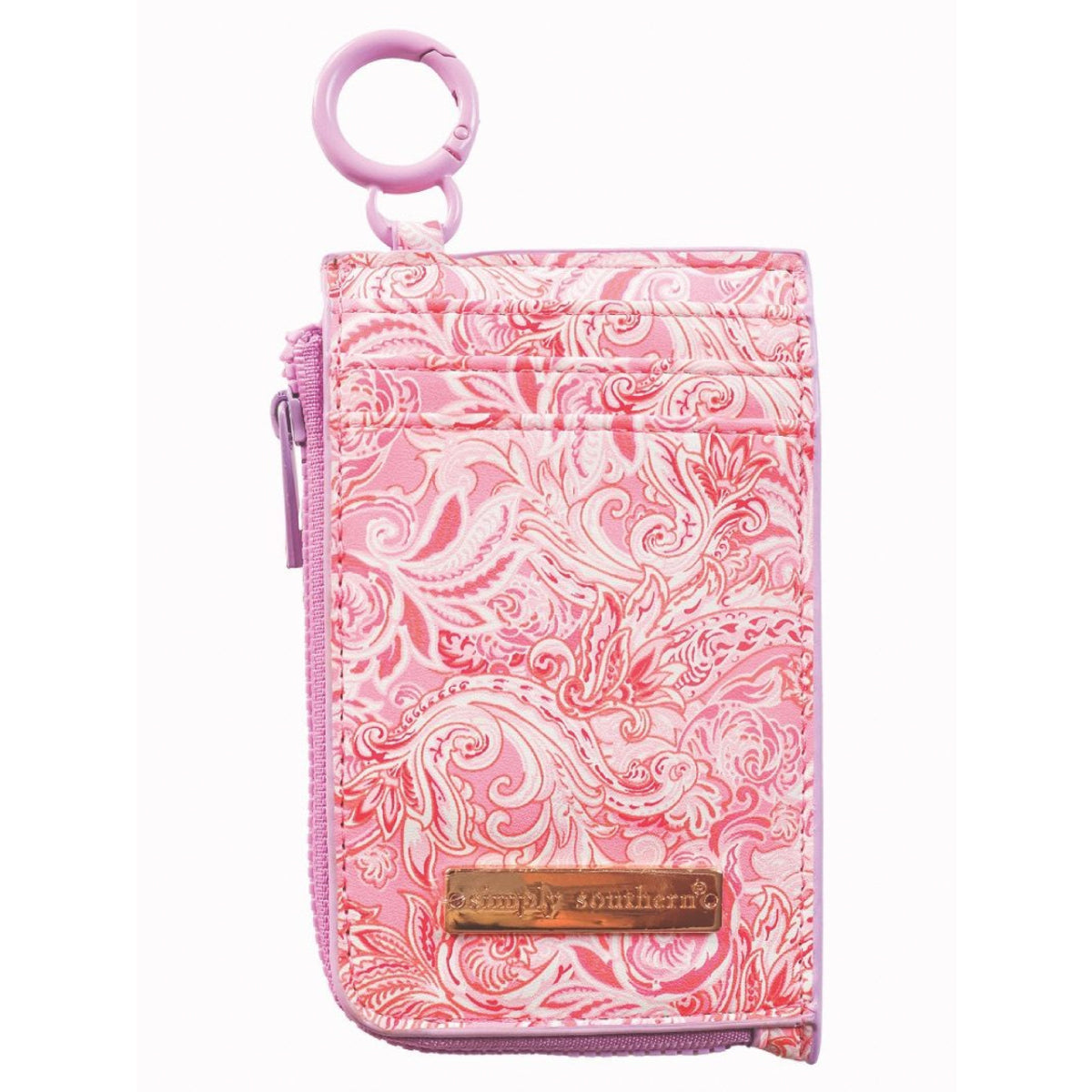 Pink paisley ID coin wallet with clear ID window and ring key clip