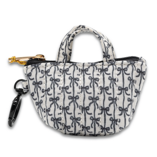 Mini tote coin purse keychain with navy pattern, zip top, and black keyring clip