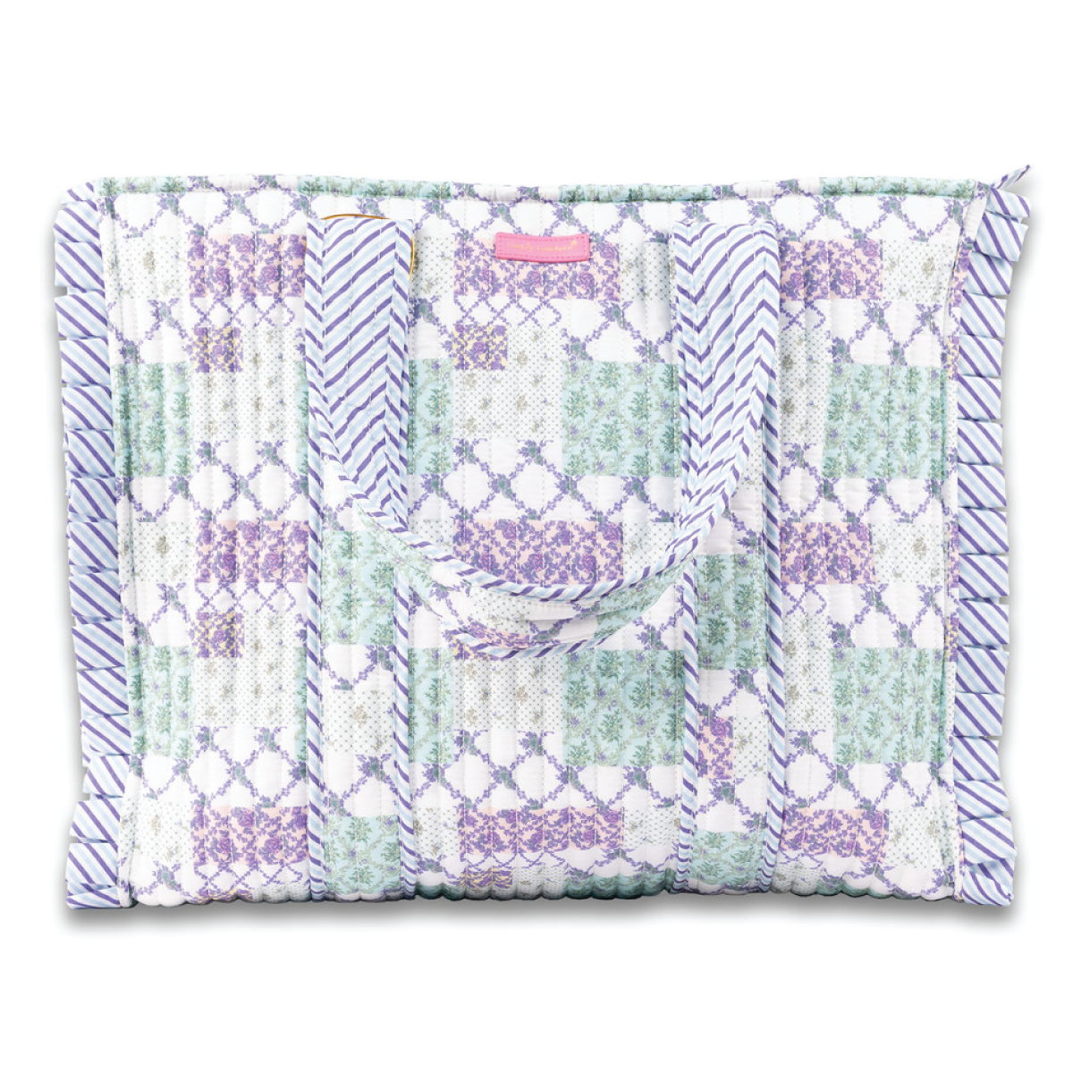 Pastel patchwork quilted tote bag with top handle and stitched front panels