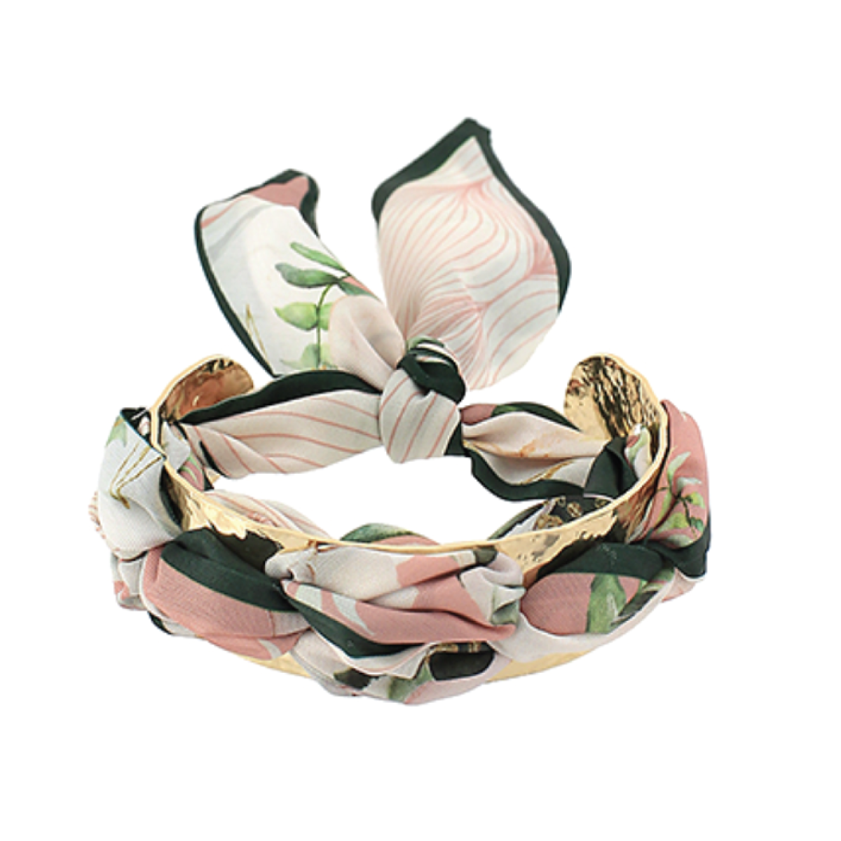 Twisted leaf-print scarf bracelet with pink, green, and black fabric.