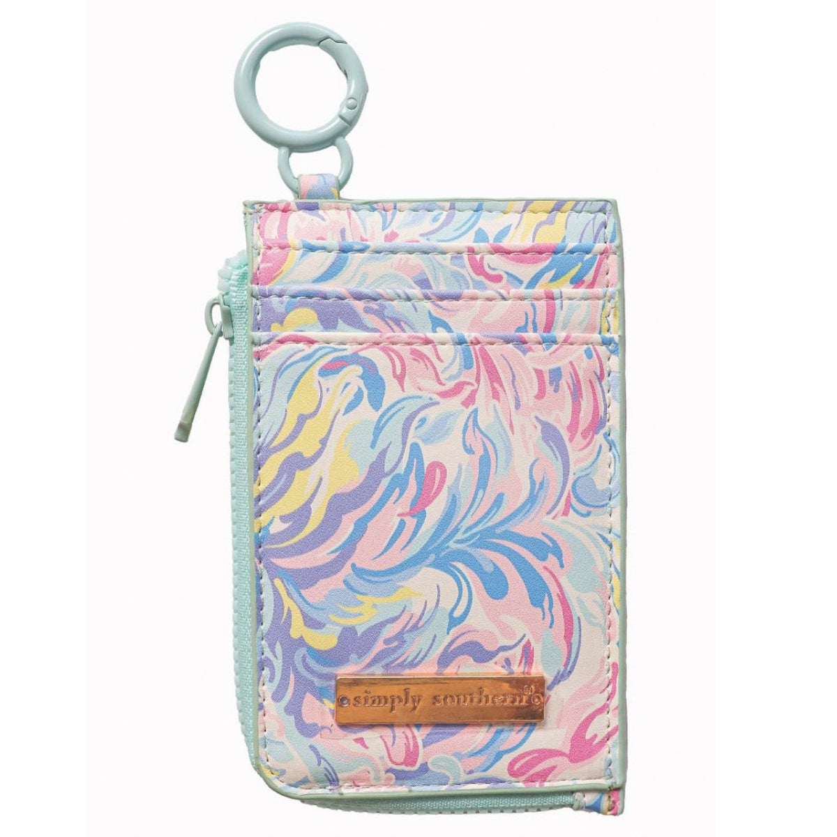 Simply Southern® ID coin wallet, watercolor swirls, key ring, zipper closure.