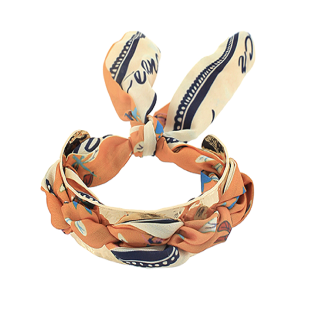 Orange patterned scarf bracelet with a twisted fabric loop design
