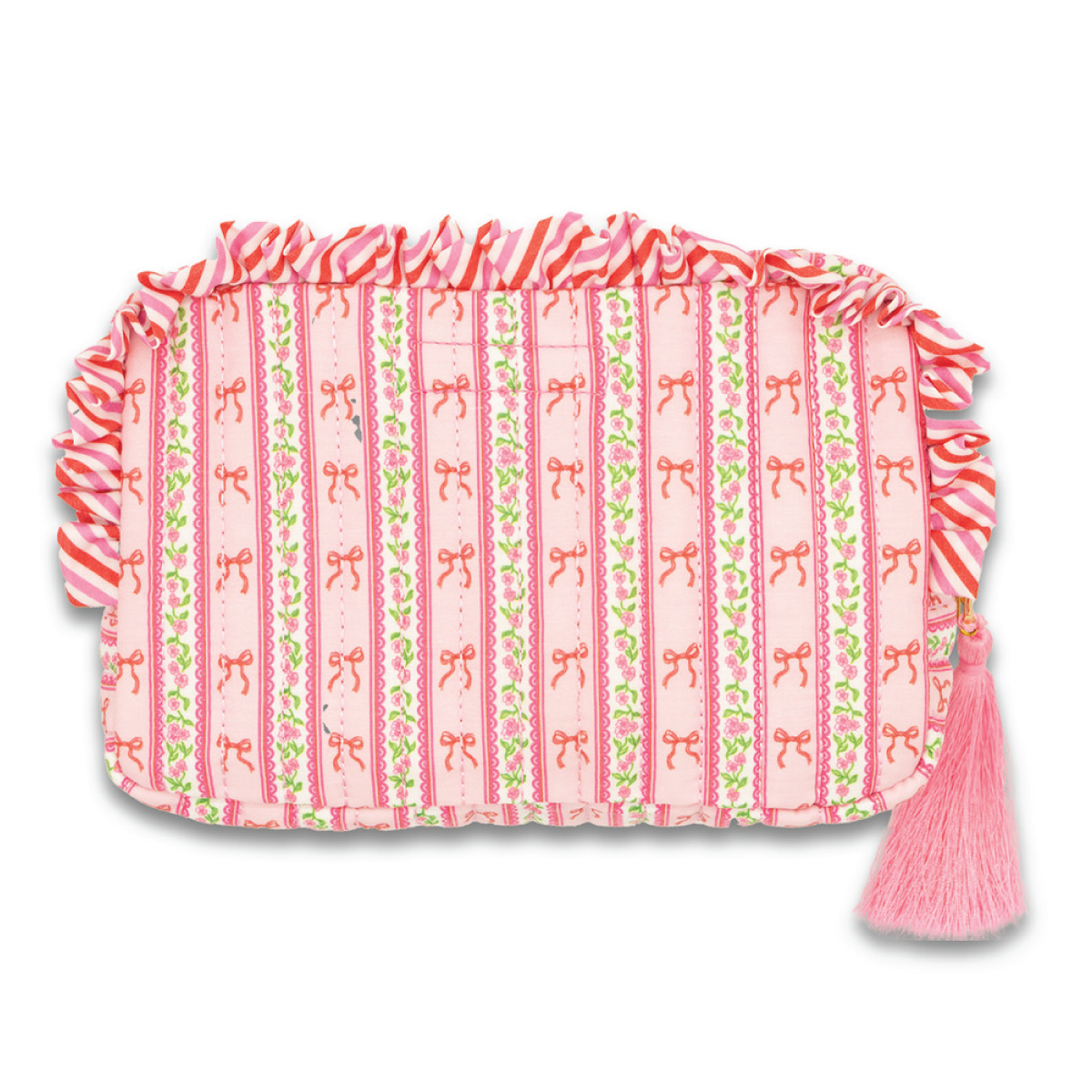 Cosmo bag with pink-and-green vertical stripes, ruffled top, and pink tassel