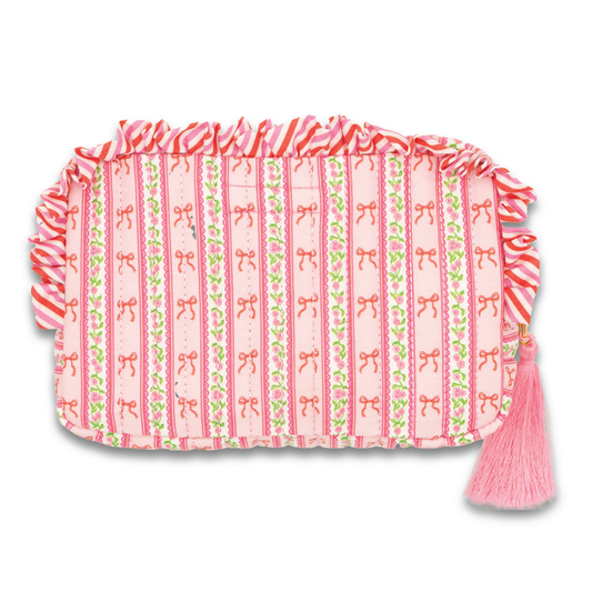 Cosmo bag with pink-and-green vertical stripes, ruffled top, and pink tassel