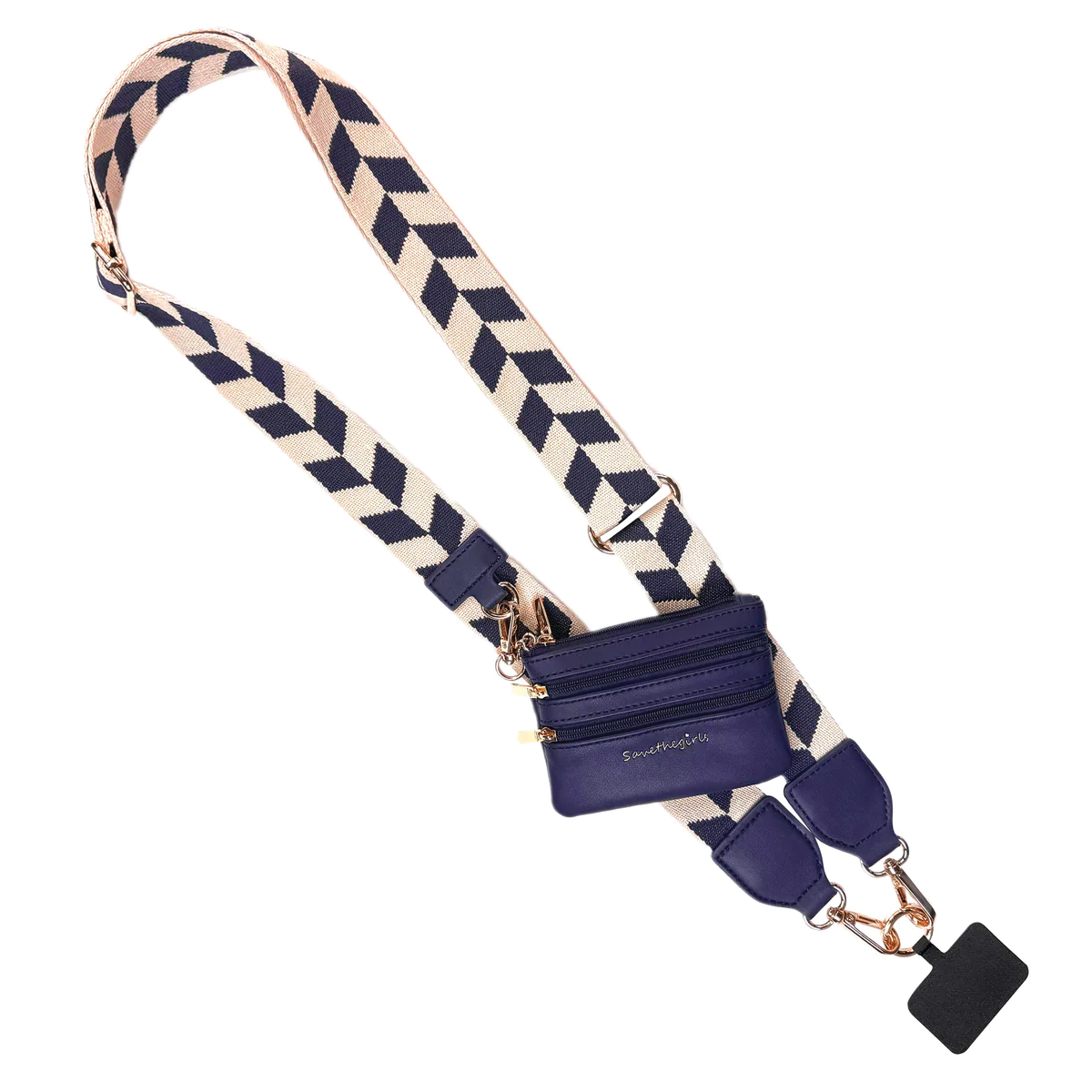 Navy chevron clip-and-go phone wristlet with adjustable strap and detachable pouch