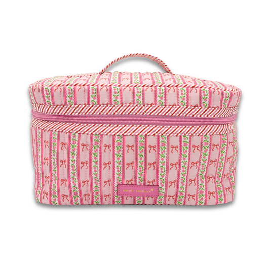 Quilted floral train case with striped pink and green fabric, zip top, carry handle.