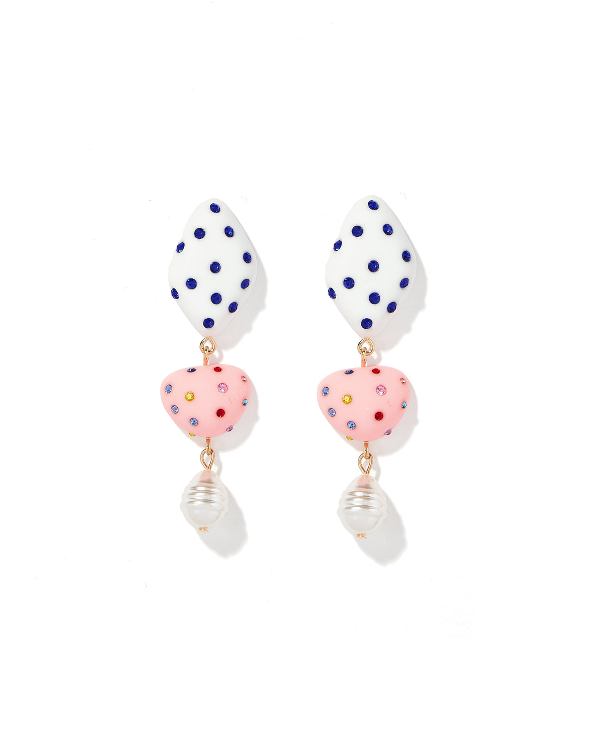 Blue polka-dot teardrop earrings with pink heart and pearl drop, gold-tone hooks