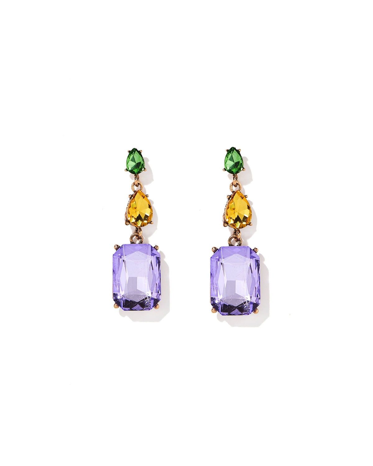 Multicolor statement earrings with green, yellow, and purple crystal dangles