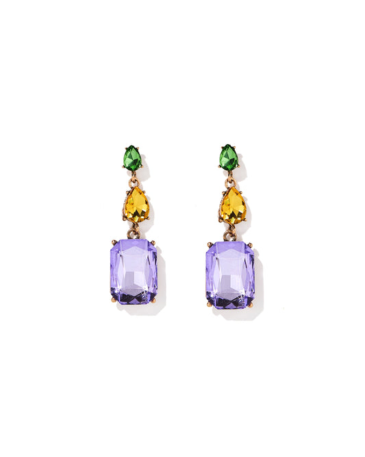 Multicolor statement earrings with green, yellow, and purple crystal dangles
