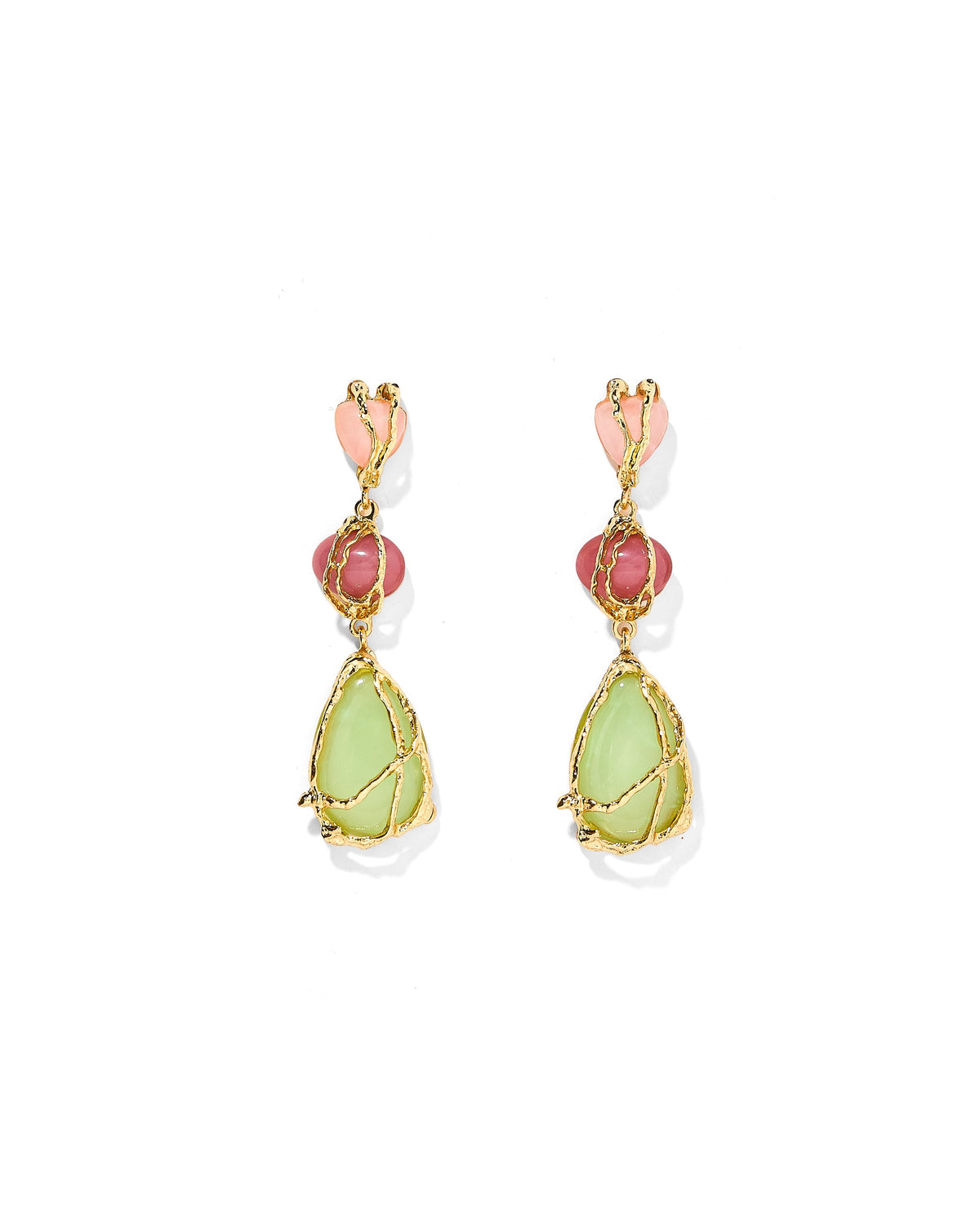 Gold-tone statement drop earrings with pink and green teardrop charms and beads