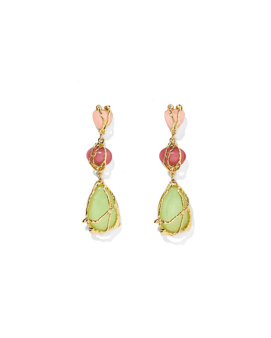 Gold-tone statement drop earrings with pink and green teardrop charms and beads