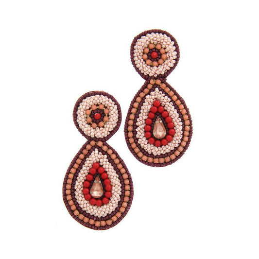 Beaded oval drop earrings with pink beads and red teardrop centers
