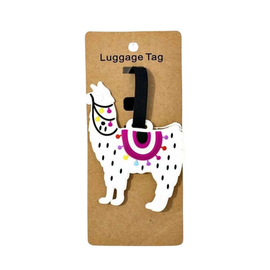 Brown luggage tag with white llama illustration and black number slot