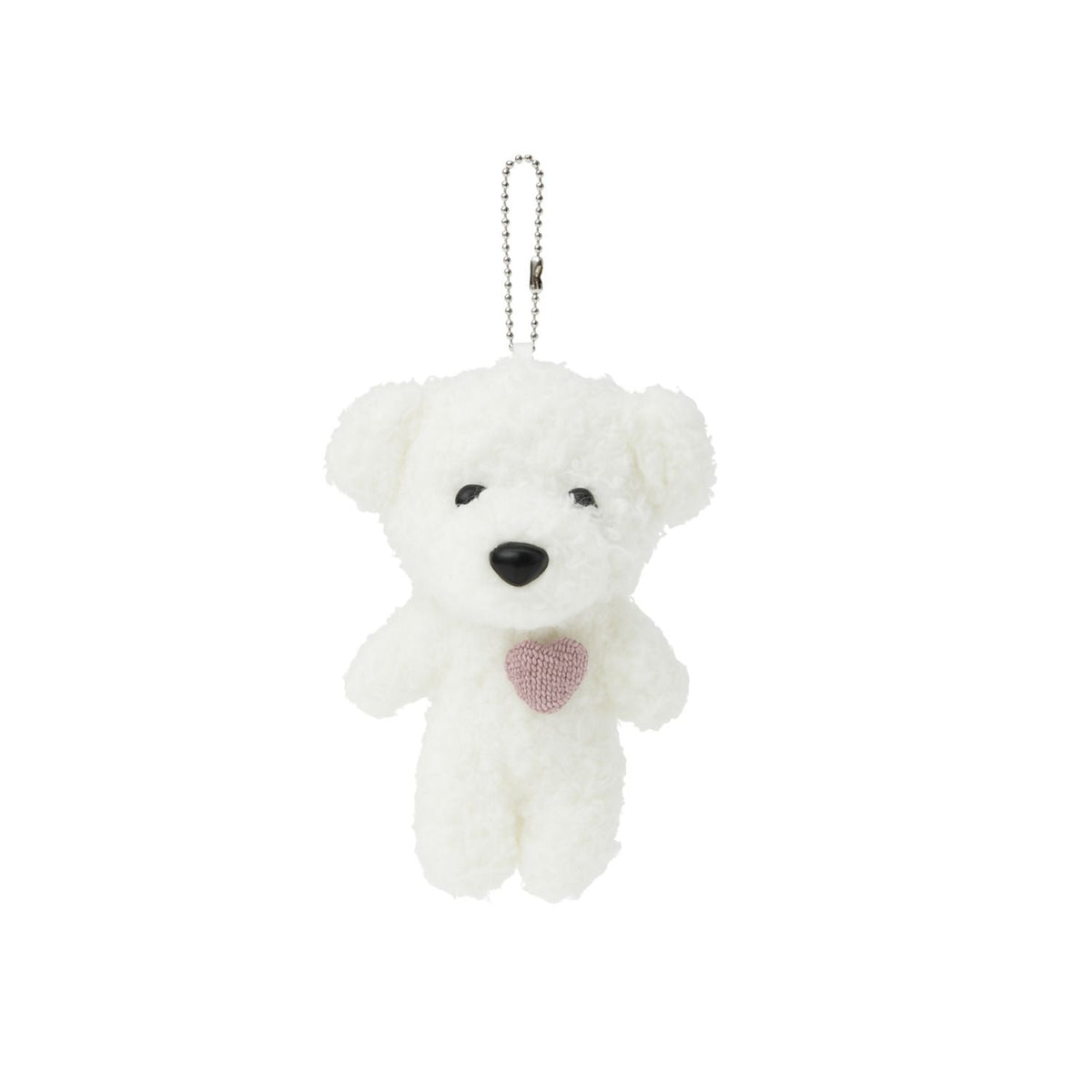 White plush teddy bear keychain with pink heart and silver chain loop