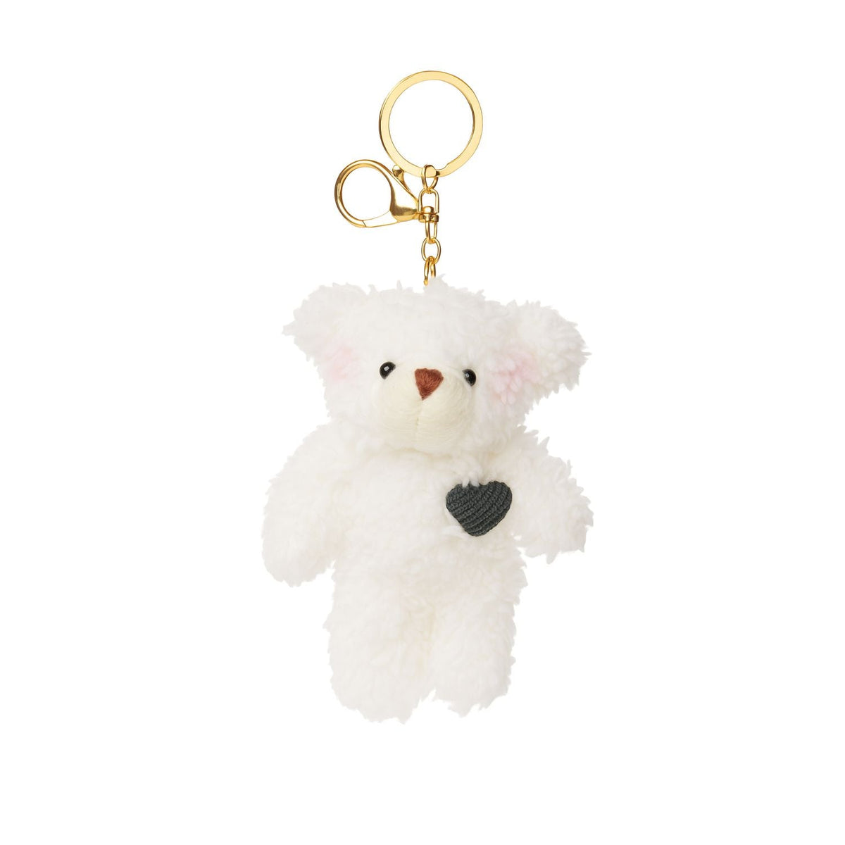 White plush bear keychain with black heart detail and gold metal key ring