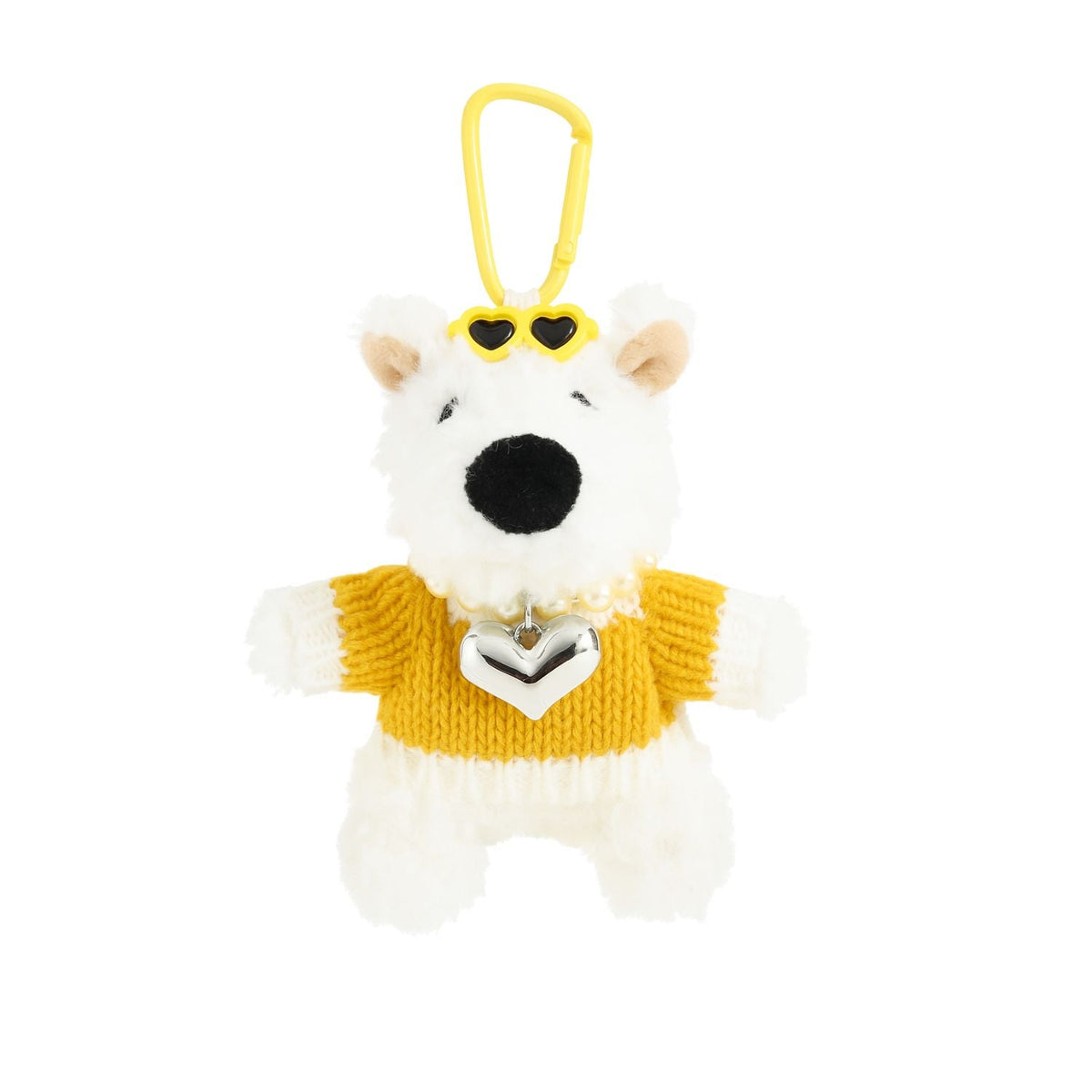 White bear plush keychain with yellow sweater, heart pendant, and yellow loop