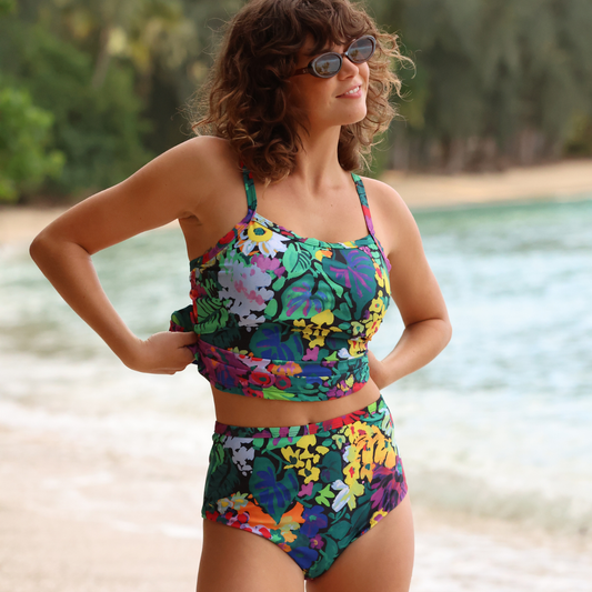 Women's tankini swimsuit set with colorful tropical floral print, swim top and briefs