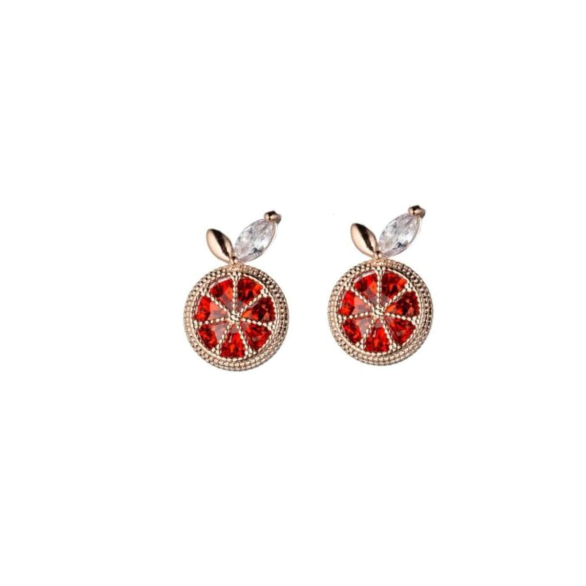 Red and clear cubic zirconia round stud earrings with teardrop crystal top