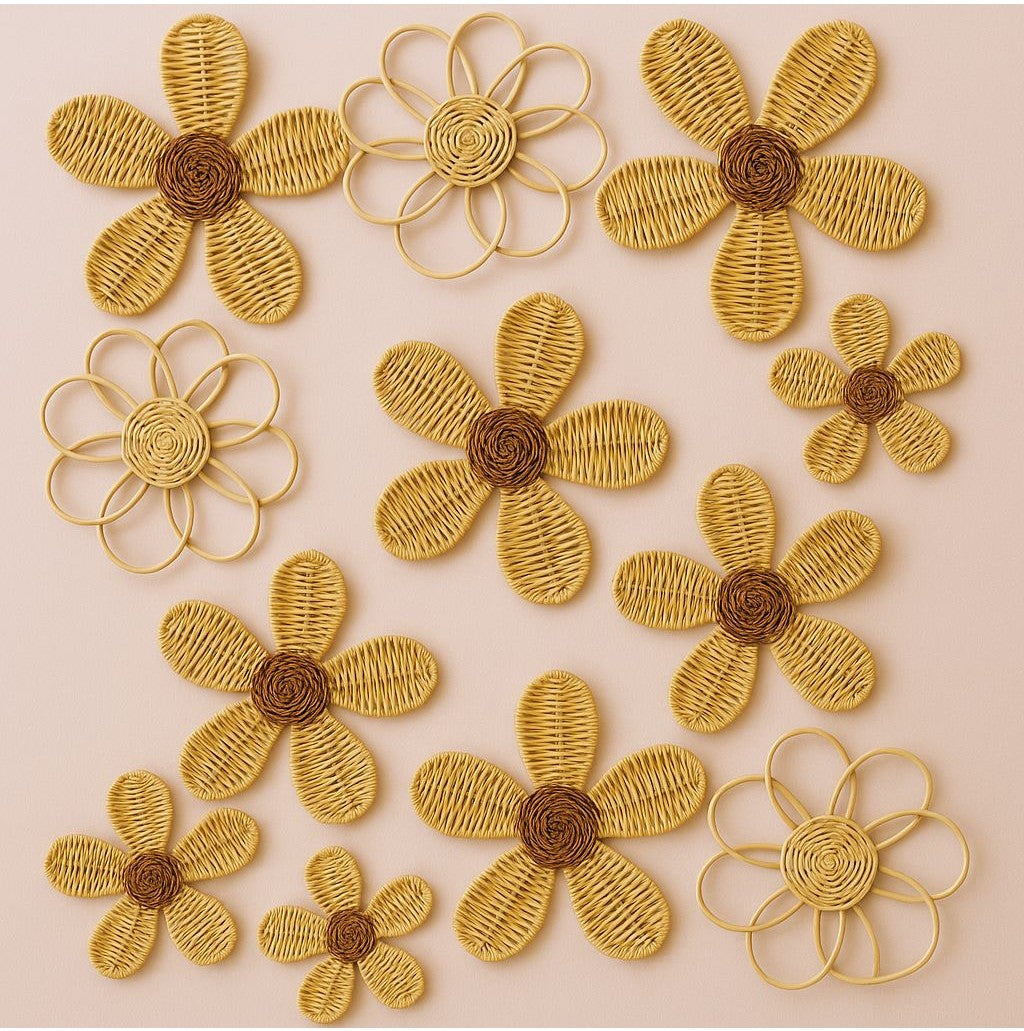 Rattan daisy wall decor set with woven and looped flower designs