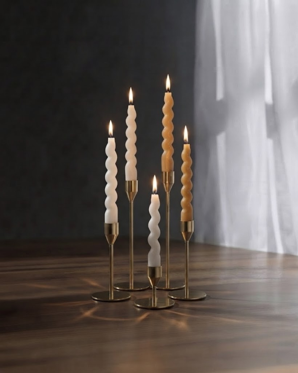 Swirl taper candle set with spiral white candles on gold-tone stands