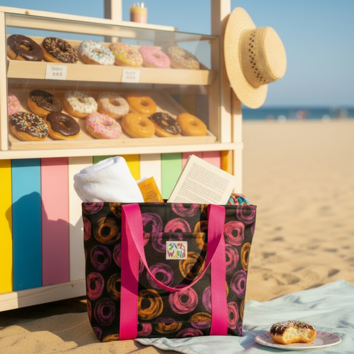 Lined tote bag with neon donut print, pink handles, open top with white items inside