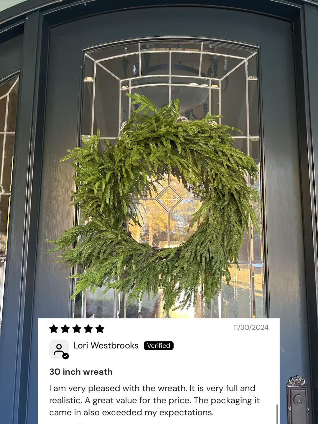 30-inch Norfolk pine wreath with lifelike green needles, round evergreen form