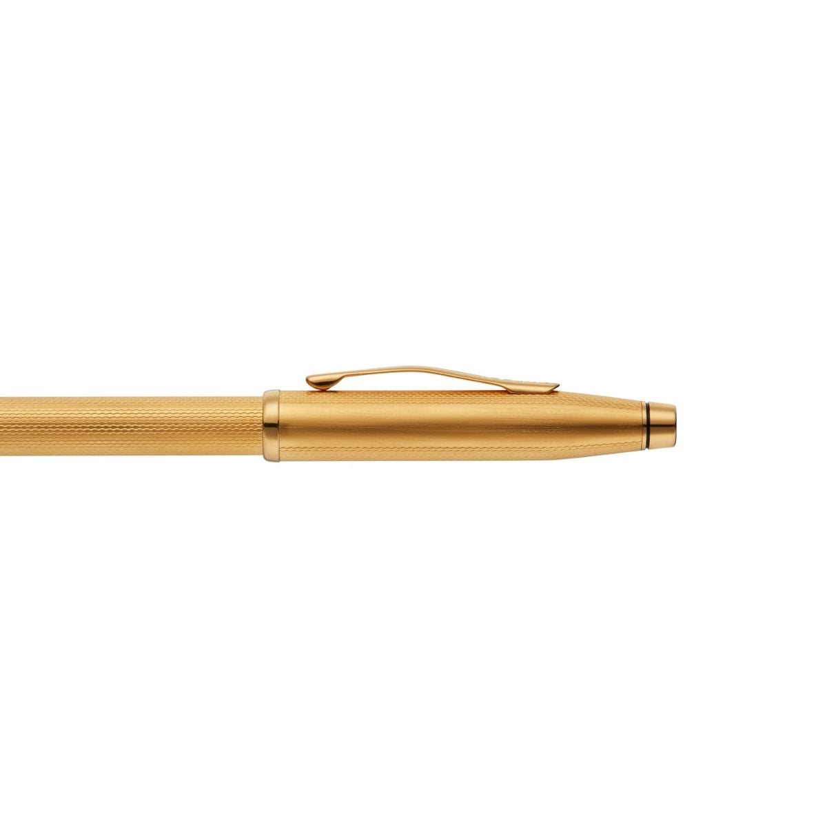 Gold-plated ballpoint pen side view with engraved grip and attached clip