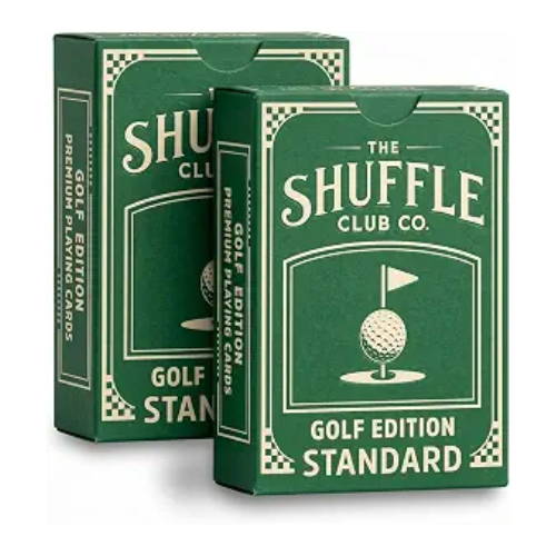 Two green golf playing card decks in decorative boxes, marked Golf Edition Standard.