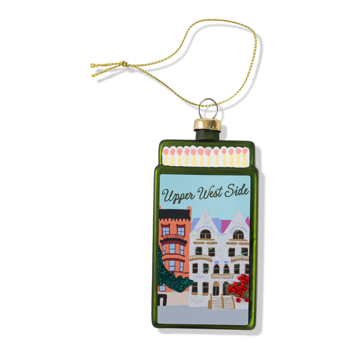 Matchbook ornament with Upper West Side illustration, gold cap, green border