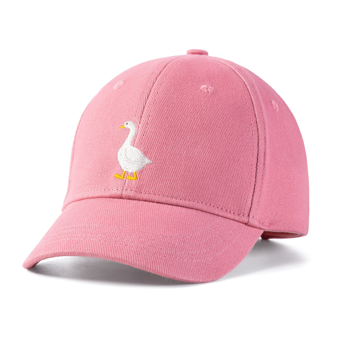 Kids cotton baseball cap, mauve pink, embroidered white goose patch, curved brim