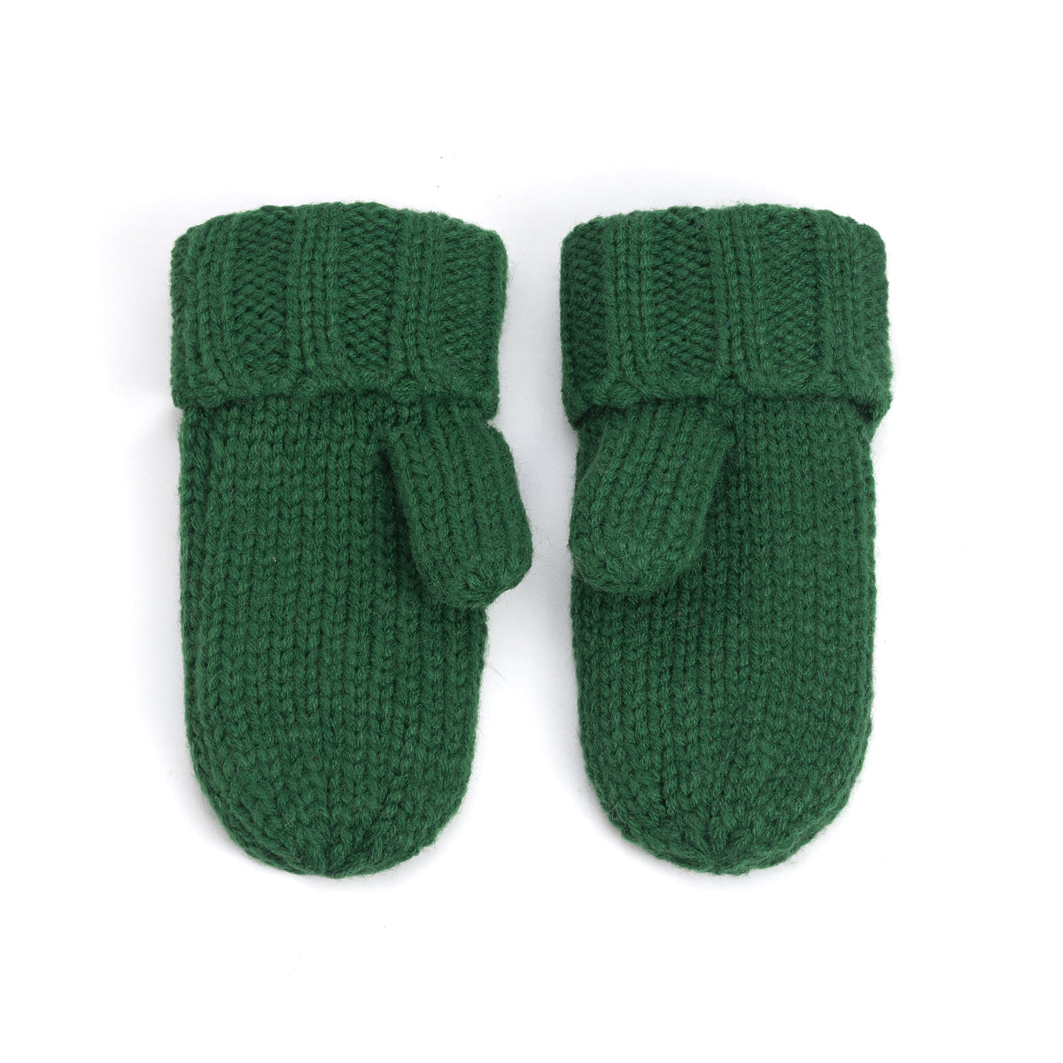 Pair of green knit mittens with ribbed cuffs and thumb sections