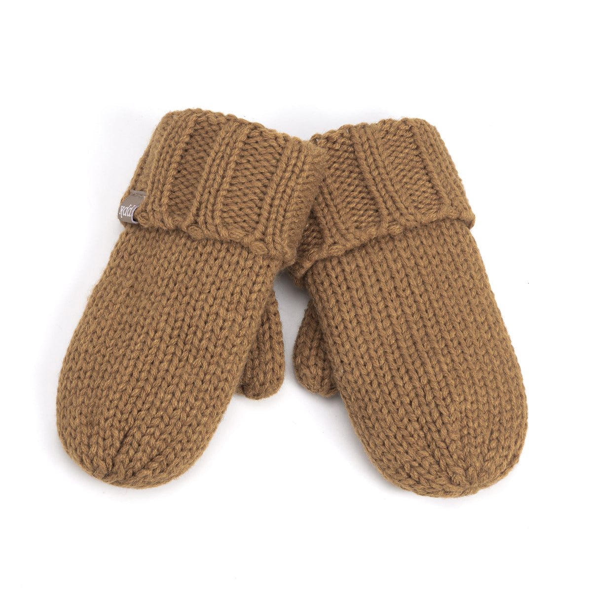 Pair of brown knit mittens with ribbed cuffs and thumb sections