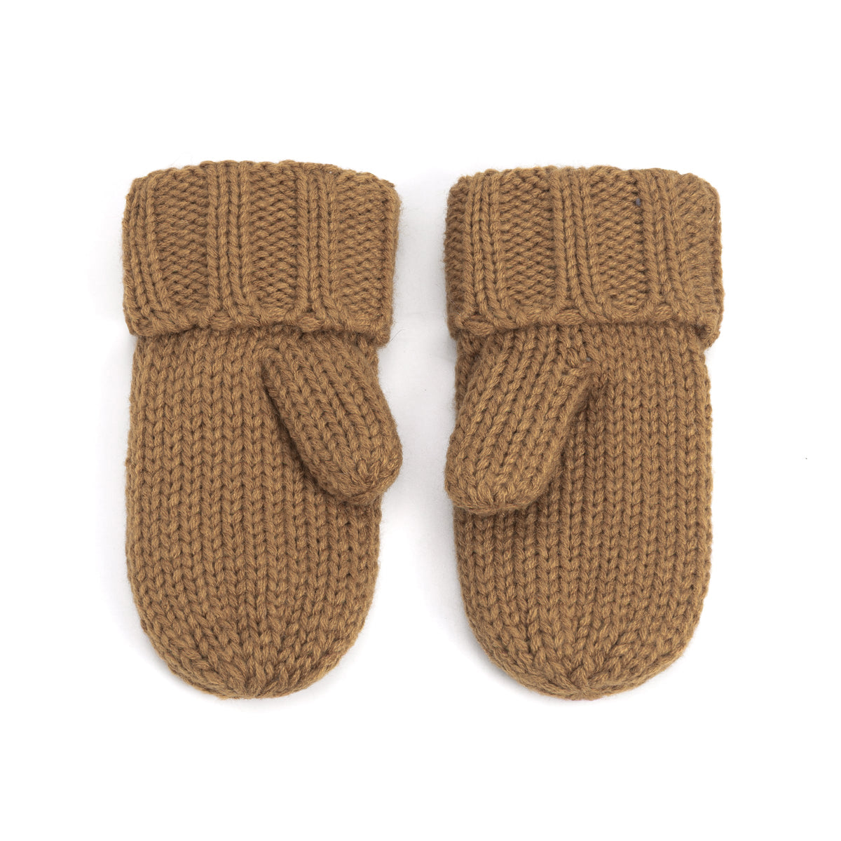 Pair of brown knit mittens with ribbed cuffs and thumb sections