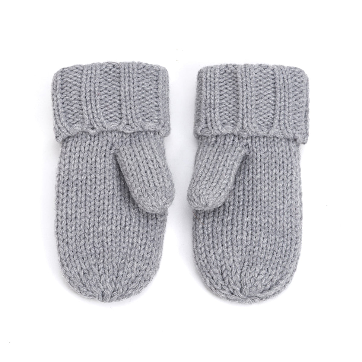 Pair of gray knit mittens with ribbed cuffs and thumb sections