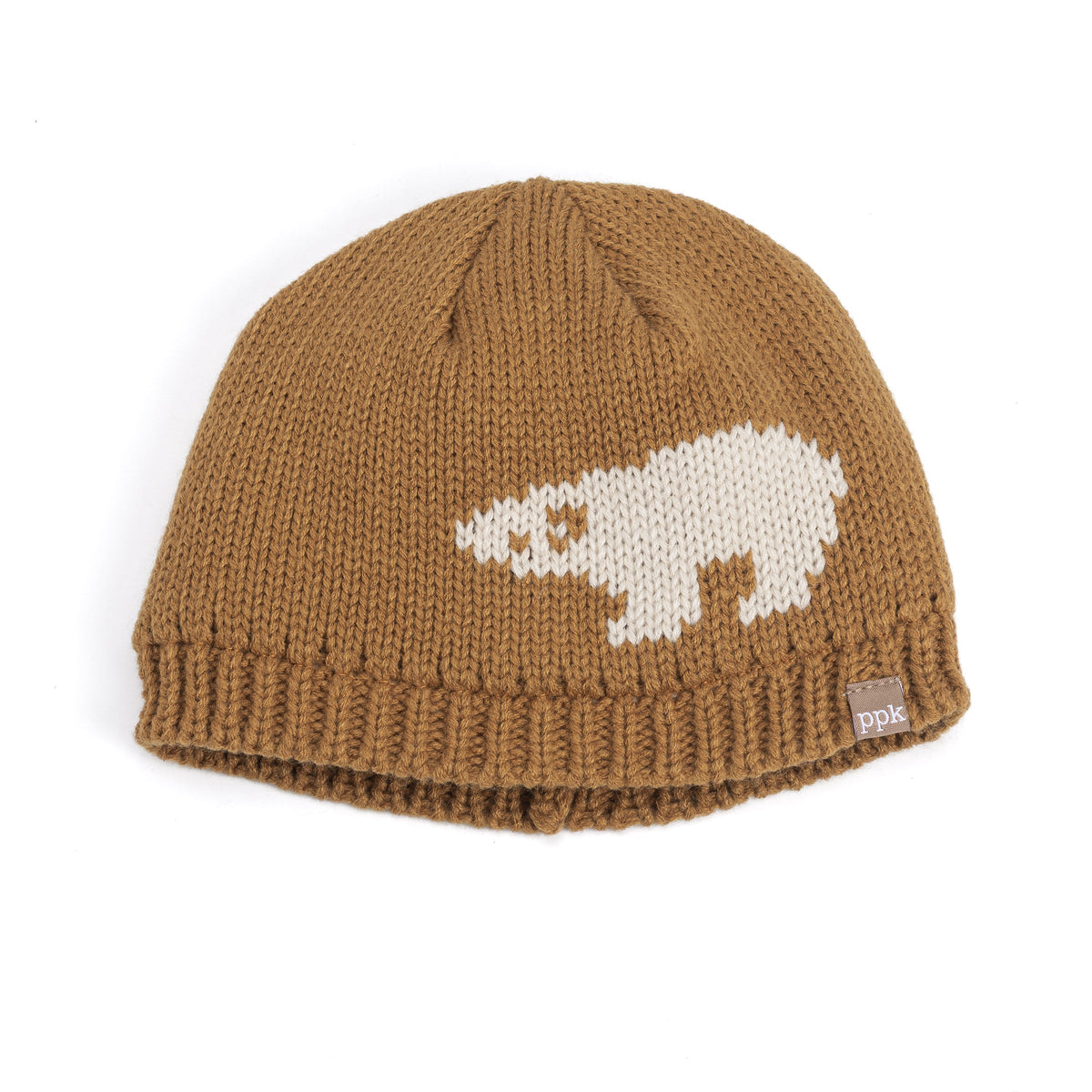 Tan knit beanie with white bear motif and ribbed cuff