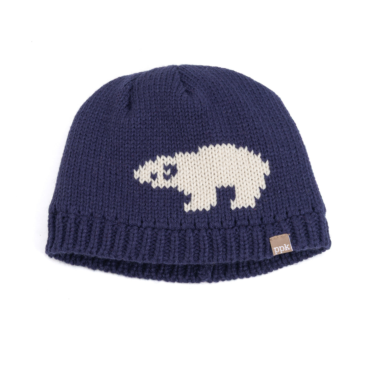 Navy knit beanie with white bear motif and ribbed cuff