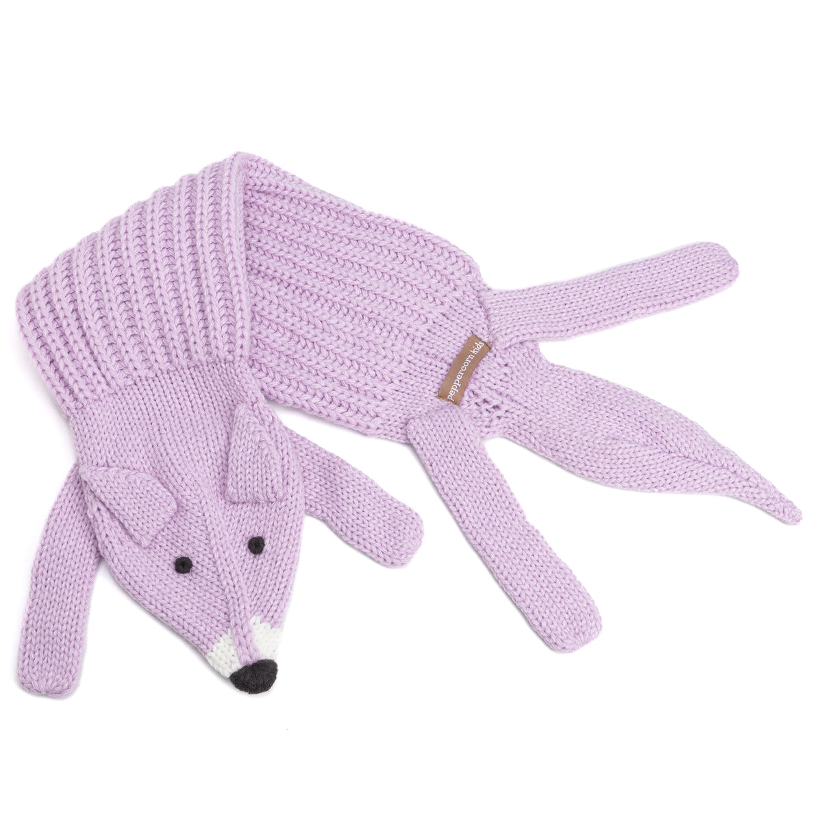 Light purple knit fox scarf laid flat, showing the ribbed collar and fox-shaped end