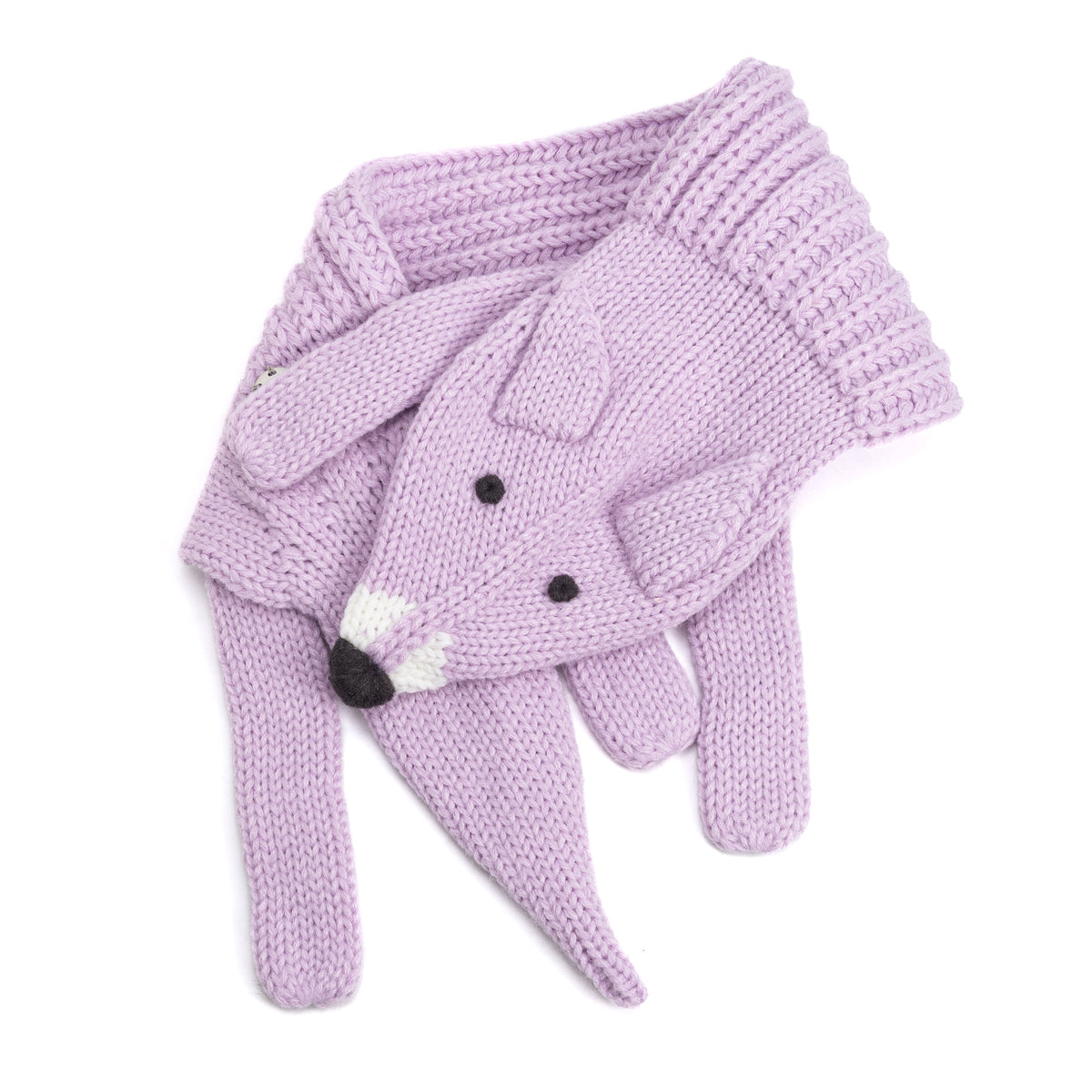 Light purple knit fox scarf with ribbed collar, dangling ends, ears, eyes and white muzzle