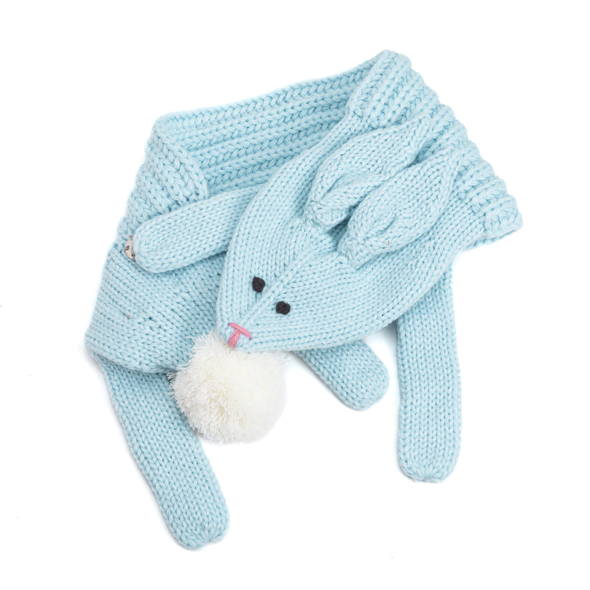 Pale blue knitted rabbit scarf with floppy ears and a white pom-pom tail
