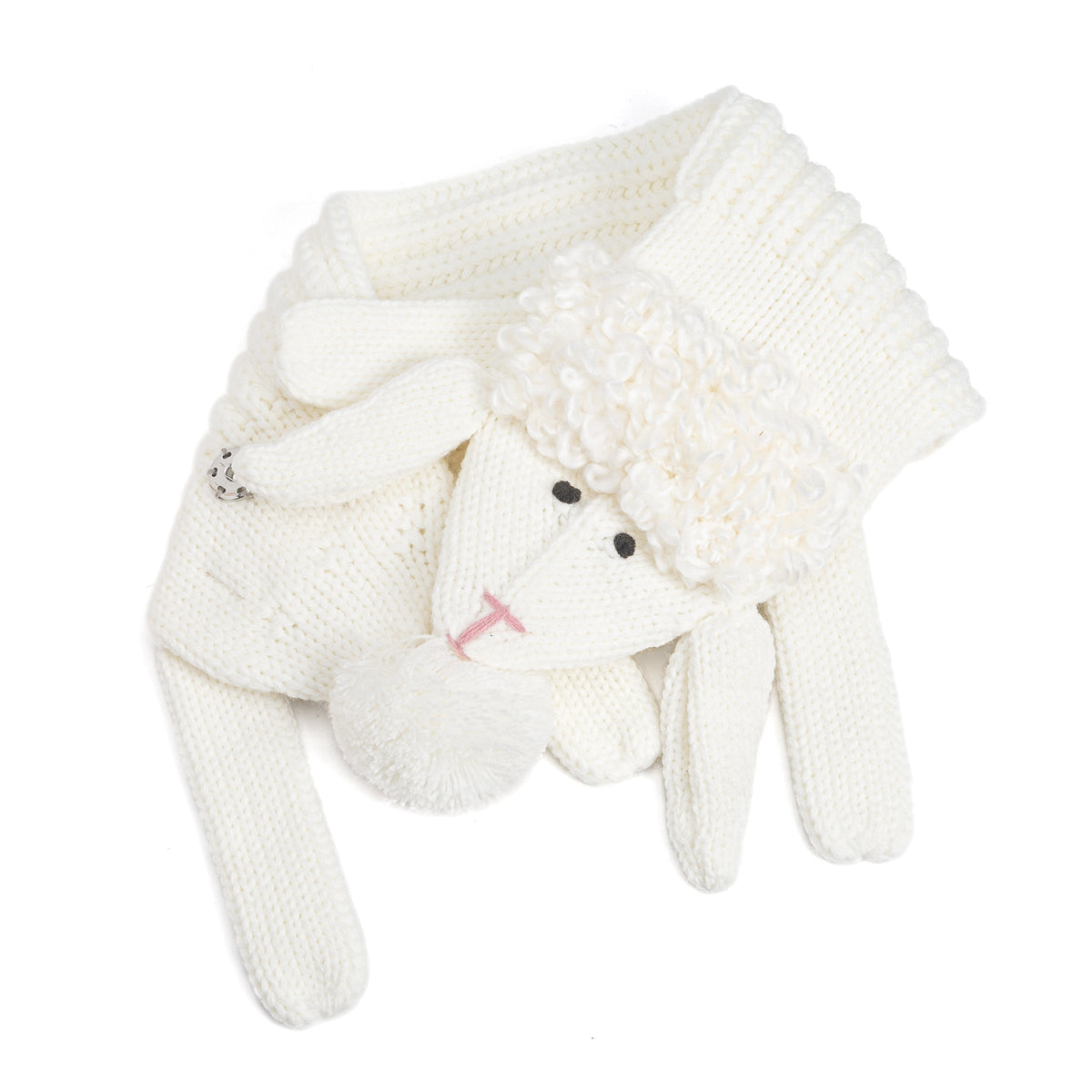 White knitted lamb scarf with a lamb face, floppy ears, and dangling legs