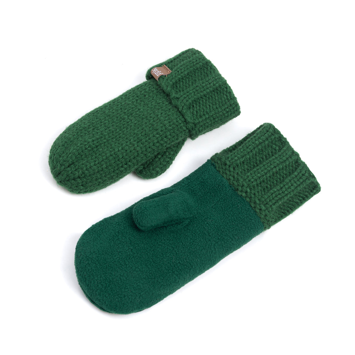 Green knit mittens, one turned to show its soft fleece lining