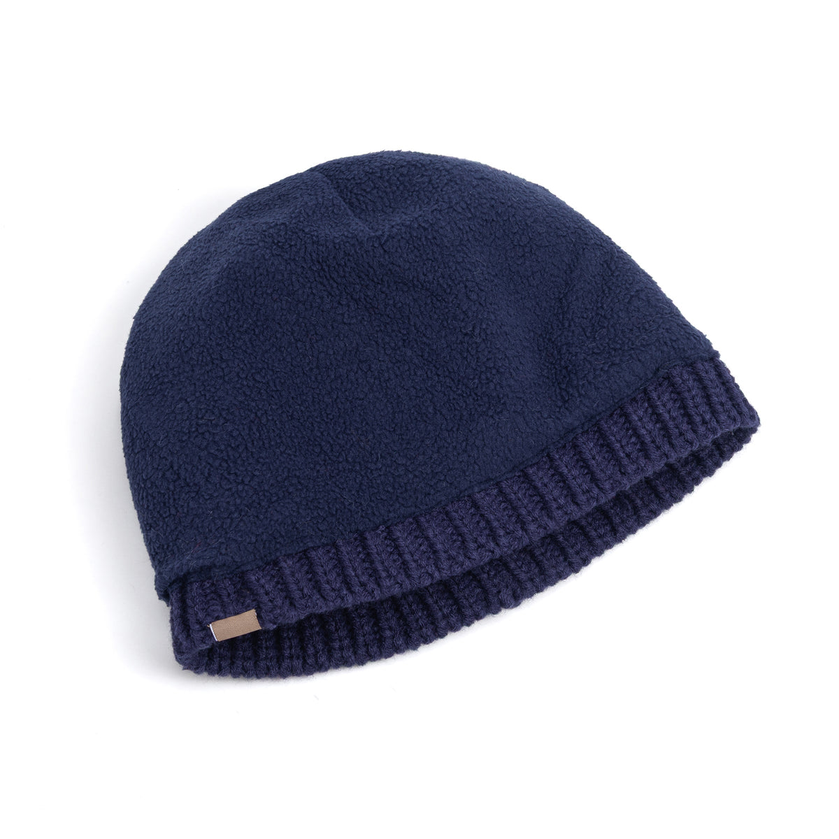 Navy beanie with soft fleece lining and ribbed knit cuff