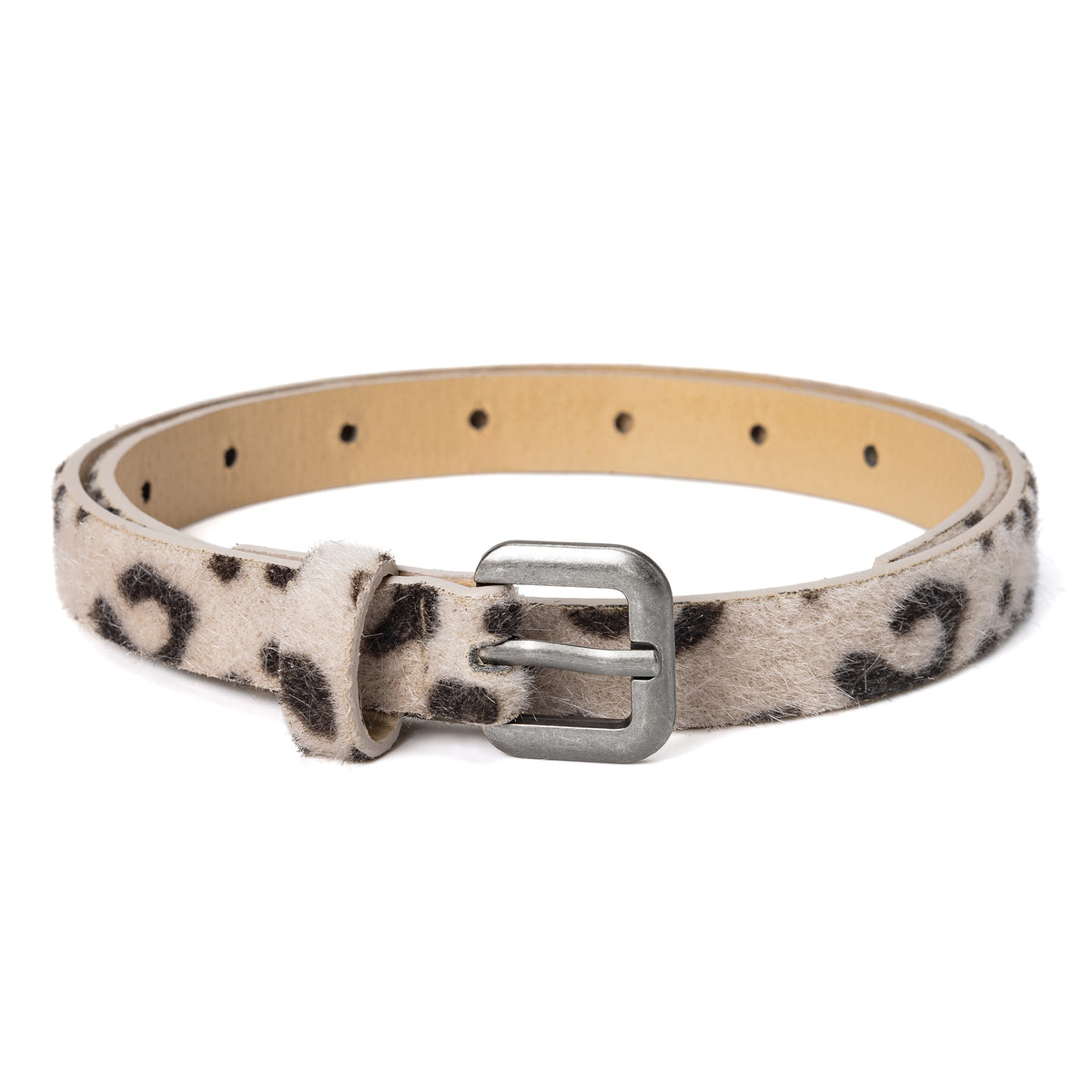 Beige leopard print faux leather belt with a silver-tone buckle and multiple adjustment holes