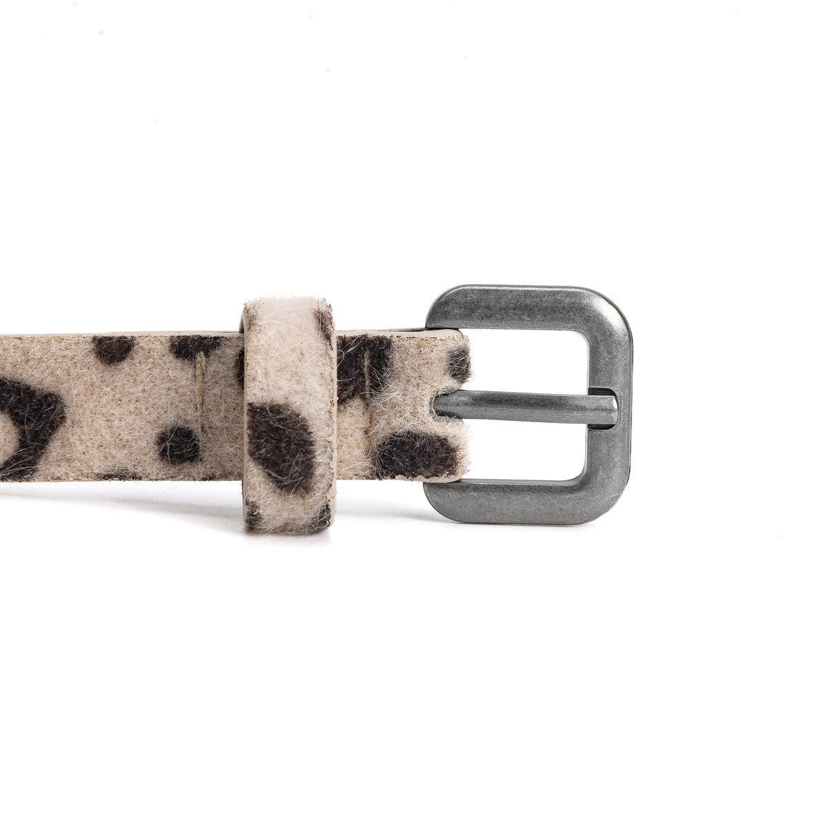 Close-up of beige leopard print belt strap, keeper loop, and silver-tone buckle