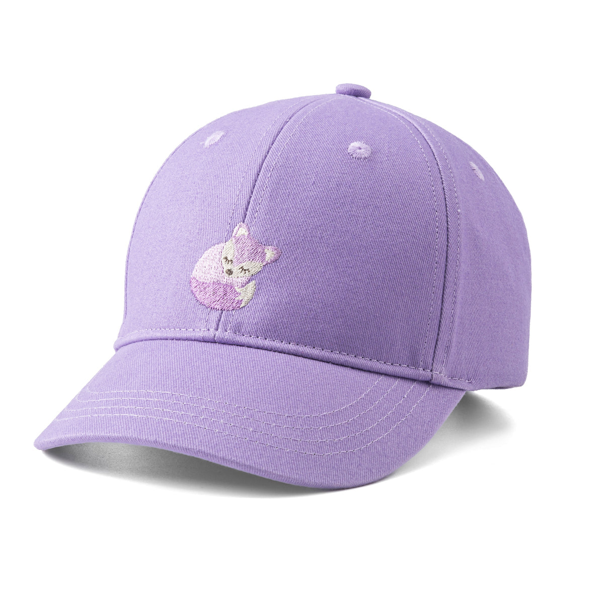 Purple cotton baseball cap with a small embroidered fox patch and curved brim